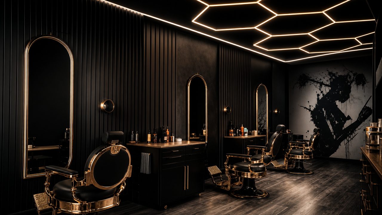 Der Salon mit Sechseck-Lichtdecke und Barberstühlen